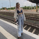 Street Fried Street Jeans Pantalon droit taille haute Pantalon large à cordon noué